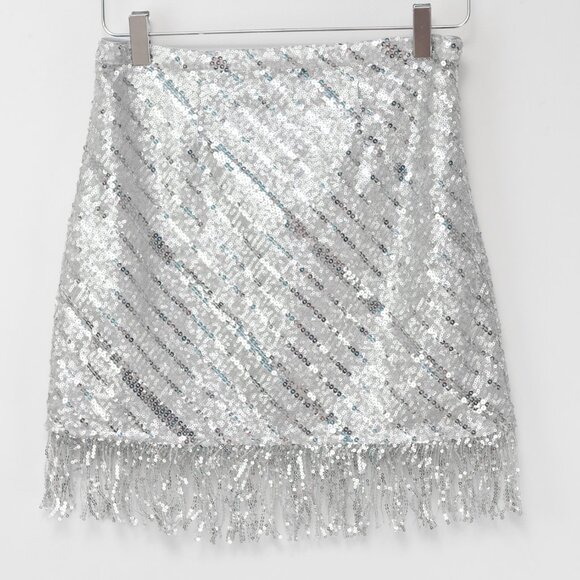 Saylor Persephone Skirt Sequin Fringe Mini Evening Party Silver Size XS - Picture 2 of 6
